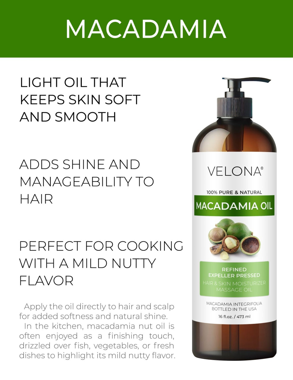 Pure Macadamia Nut Oil - 16 Fl Oz, Cooking, Skin & Hair Care