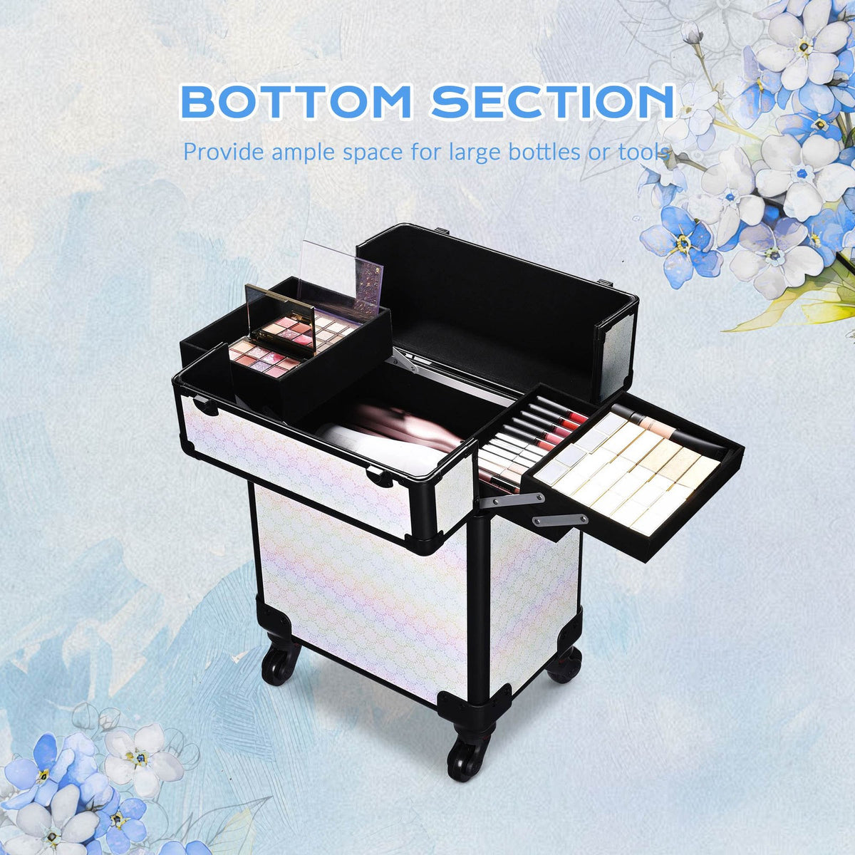 Rolling Makeup Train Case with Extendable Trays and Large Storage - White Floral Design