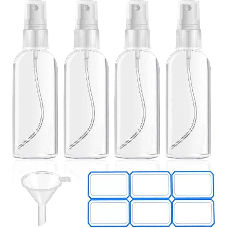 4 Pack Travel Spray Bottles - Leak Proof Clear Refillable 2oz with Funnels & Labels