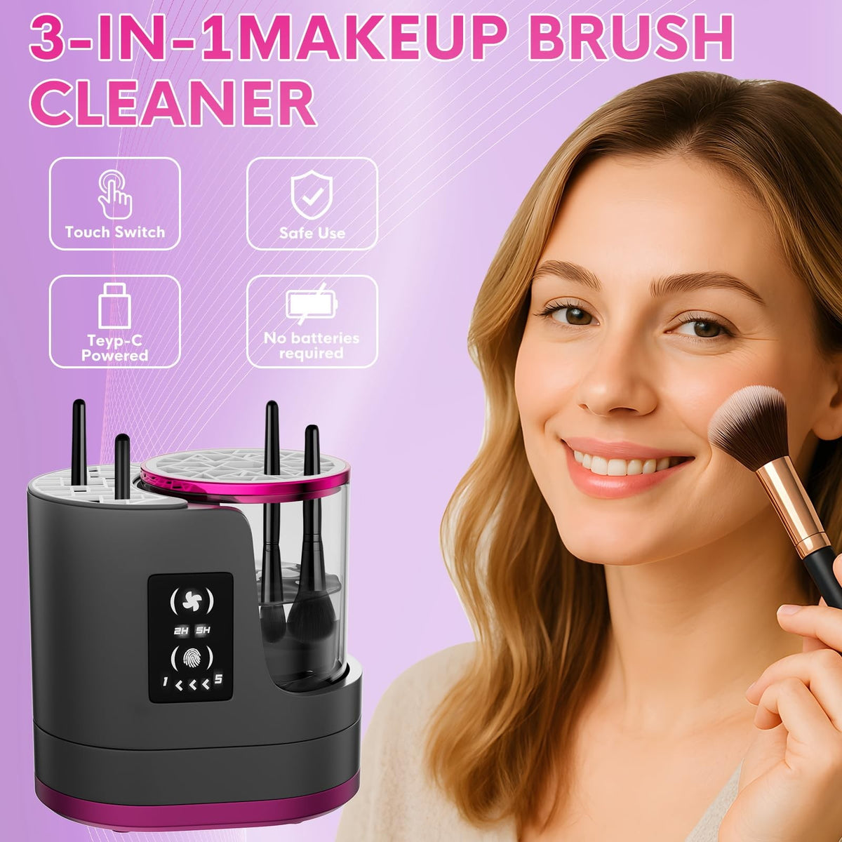 Electric Makeup Brush Cleaner with Drying Station, 3-in-1 Automatic Device