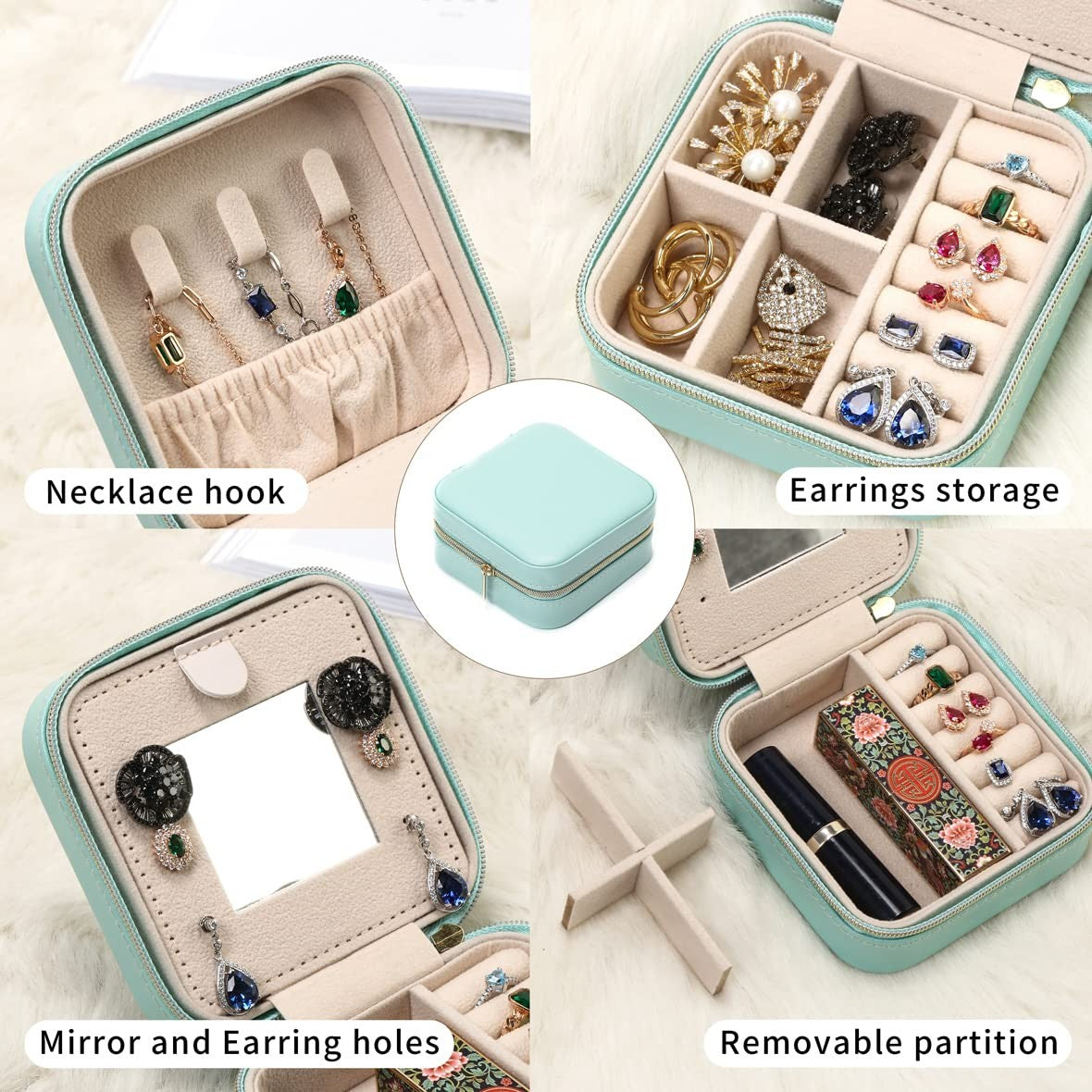 Travel Jewelry Case with Mirror - Compact Jewelry Organizer for Earrings, Rings, Necklaces - Black