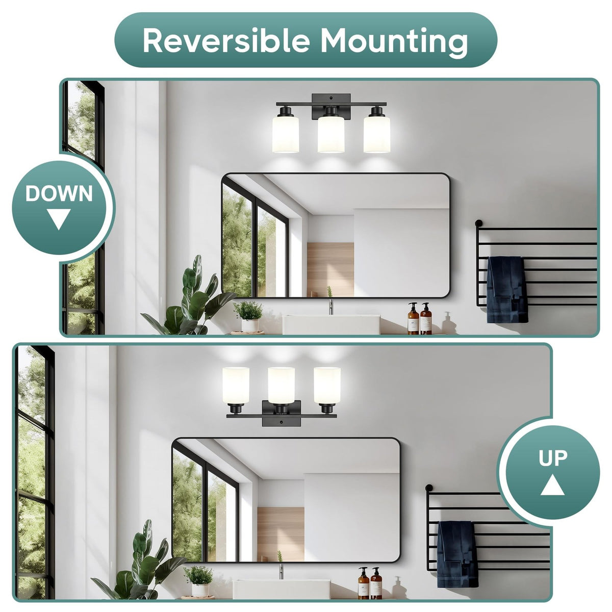 3-Light Vanity Light Fixture - Black Wall Sconce with Milky White Glass Shades
