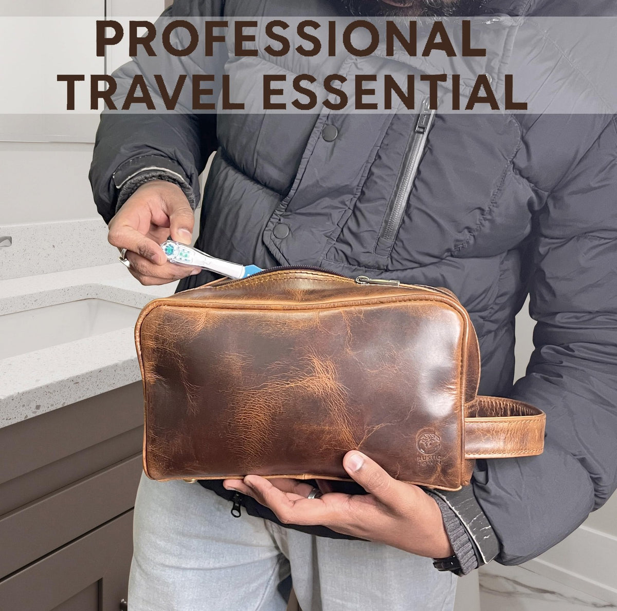 Antique Brown Leather Travel Toiletry Bag for Men and Women - Shaving & Cosmetic Organizer