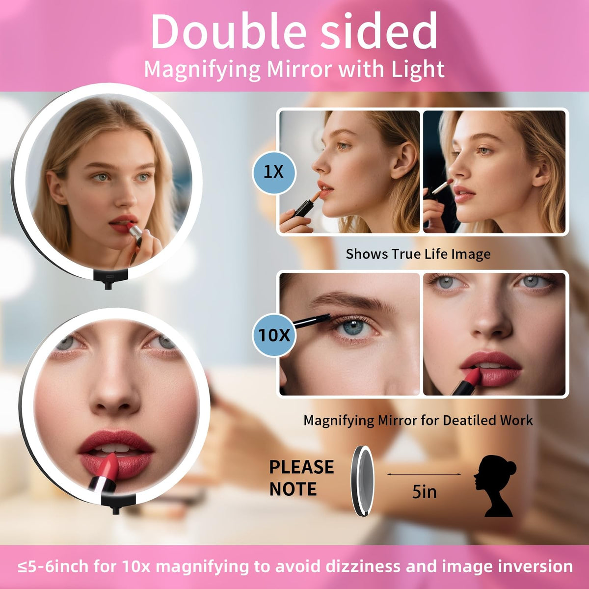 Rechargeable Lighted Travel Makeup Mirror 10X/1X Double Sided 6 Inch White