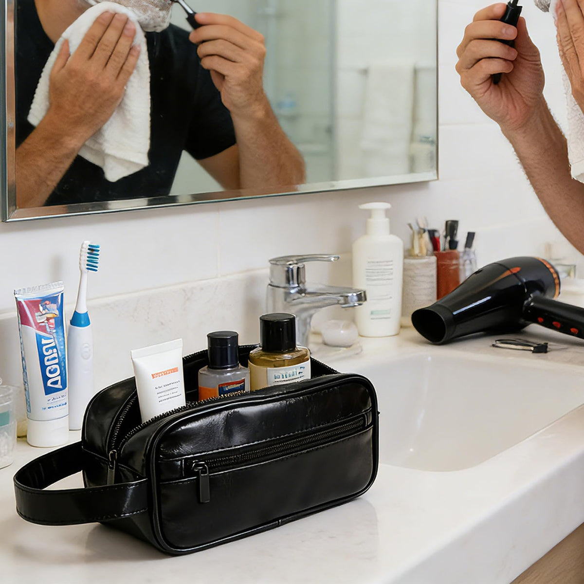 Men's Travel Toiletry Bag Free-Standing Organizer, Water-Resistant PU Leather