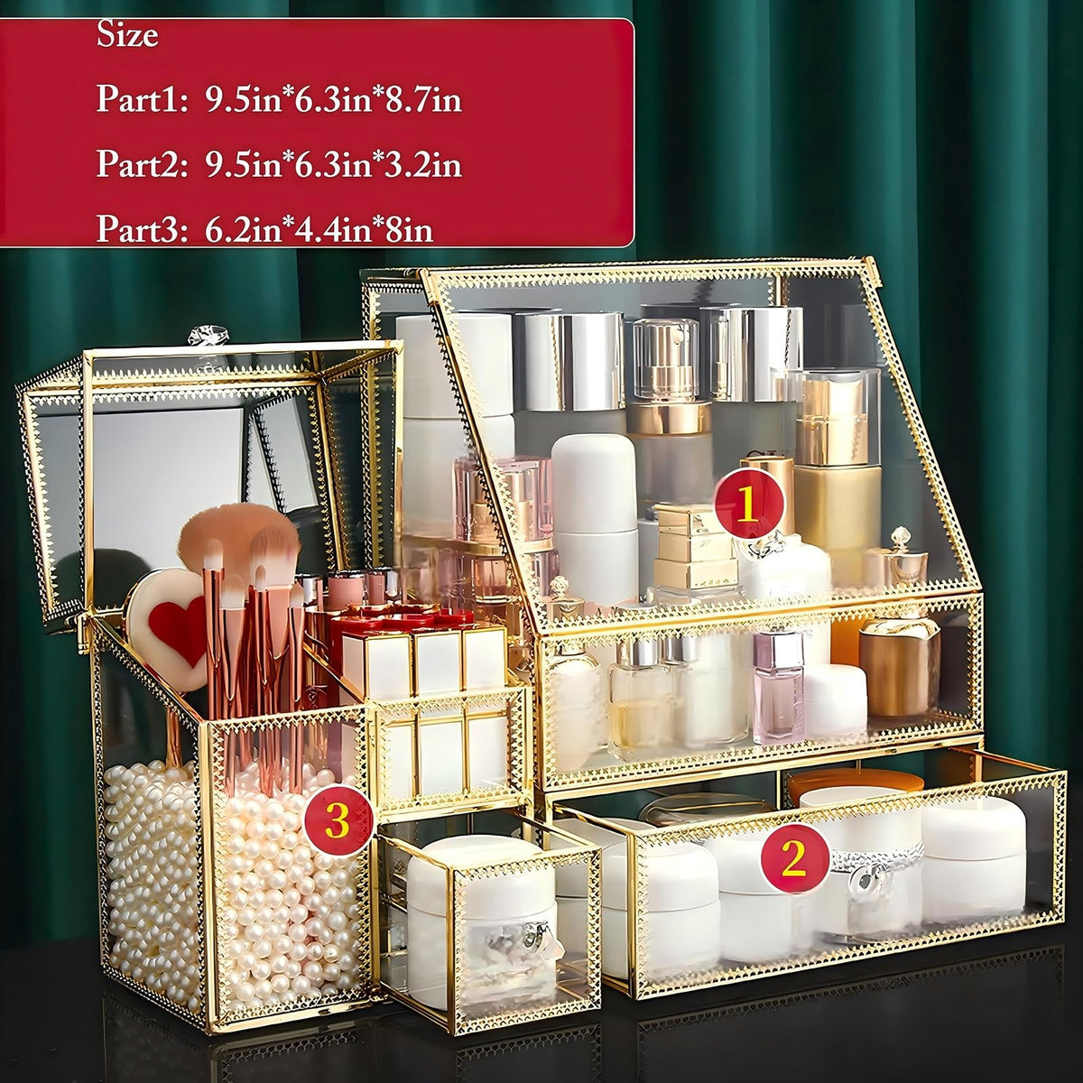 Large Glass Makeup Organizer Set - 16in Beauty Storage & Display with Pearl