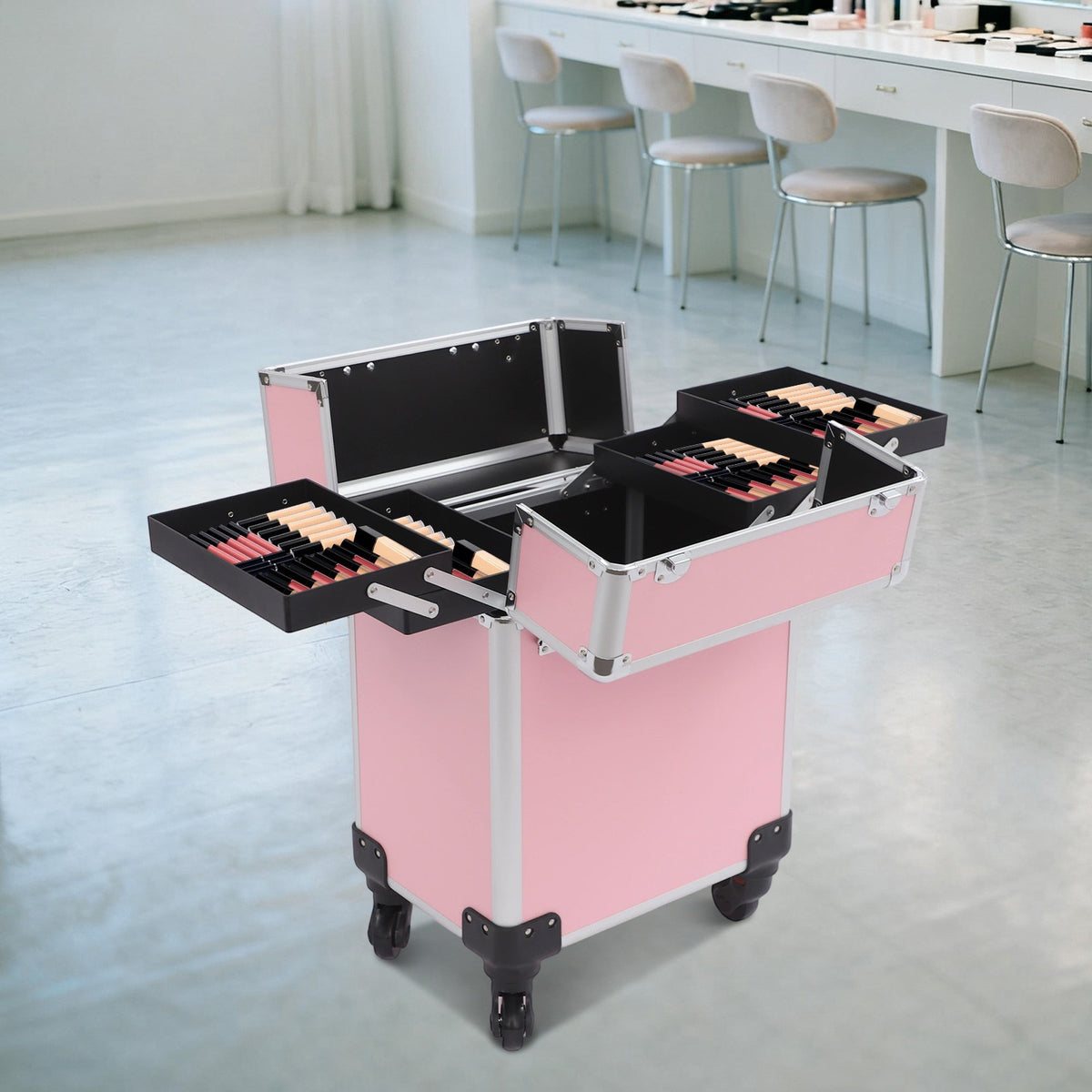 Pink Aluminum Cosmetic Train Case with Wheels & Large Storage