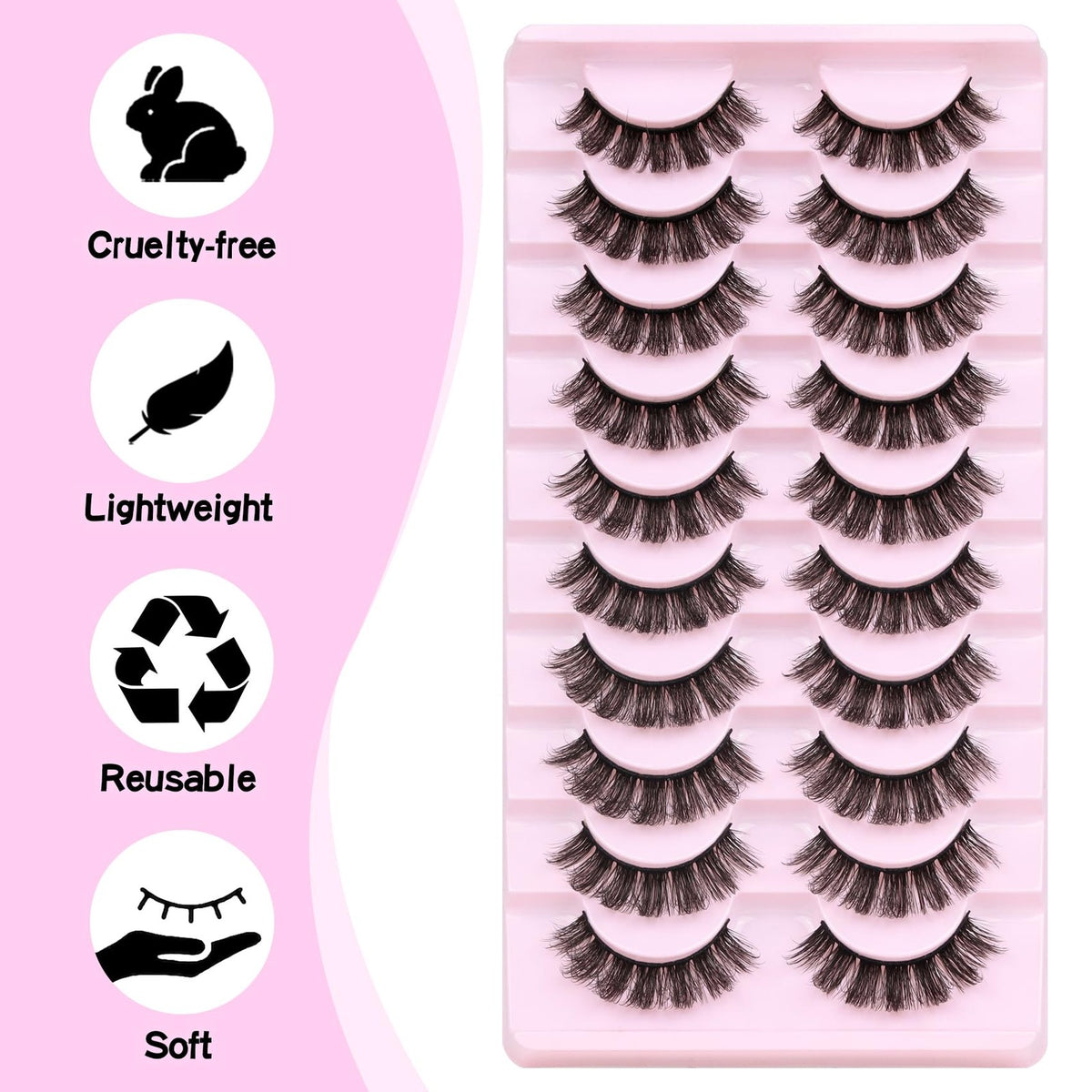 Russian Curl False Eyelashes 10 Pairs Vegan Wispy Strip Lashes for Makeup & Cosplay