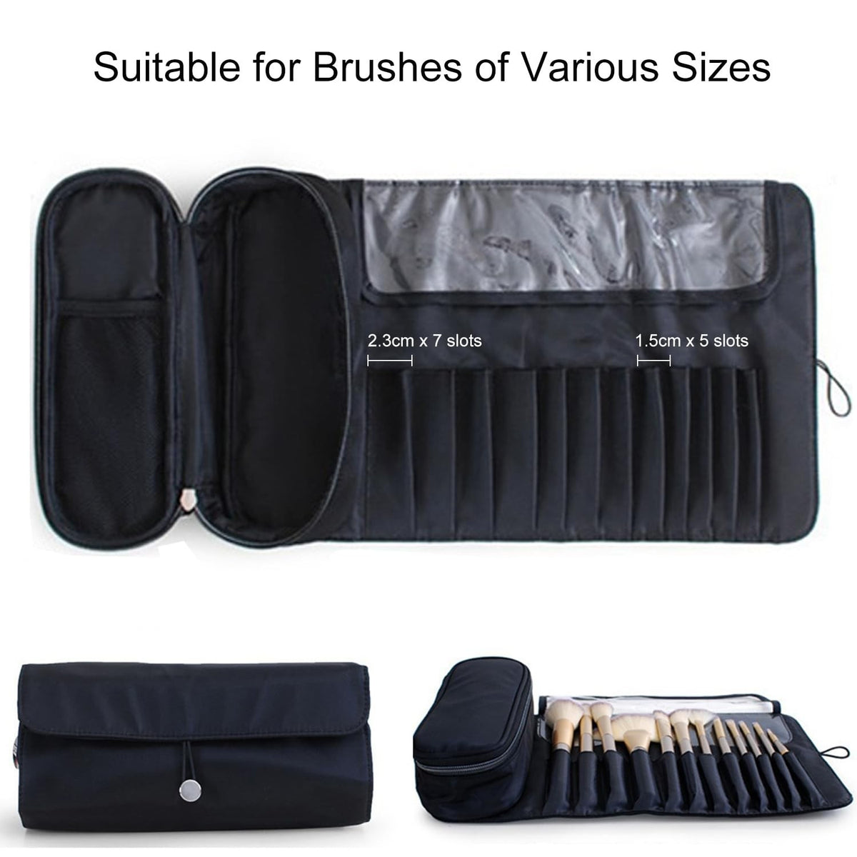 Travel Makeup Brush Bag Organizer Roll-Up Case with Water-Resistant Nylon