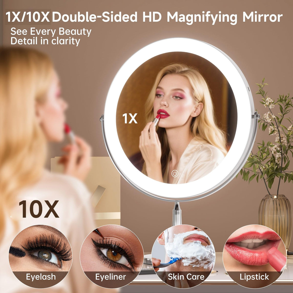 Lighted Makeup Vanity Mirror 11.8 Inch 1X/10X Magnifying with 96 LEDs, White Chrome