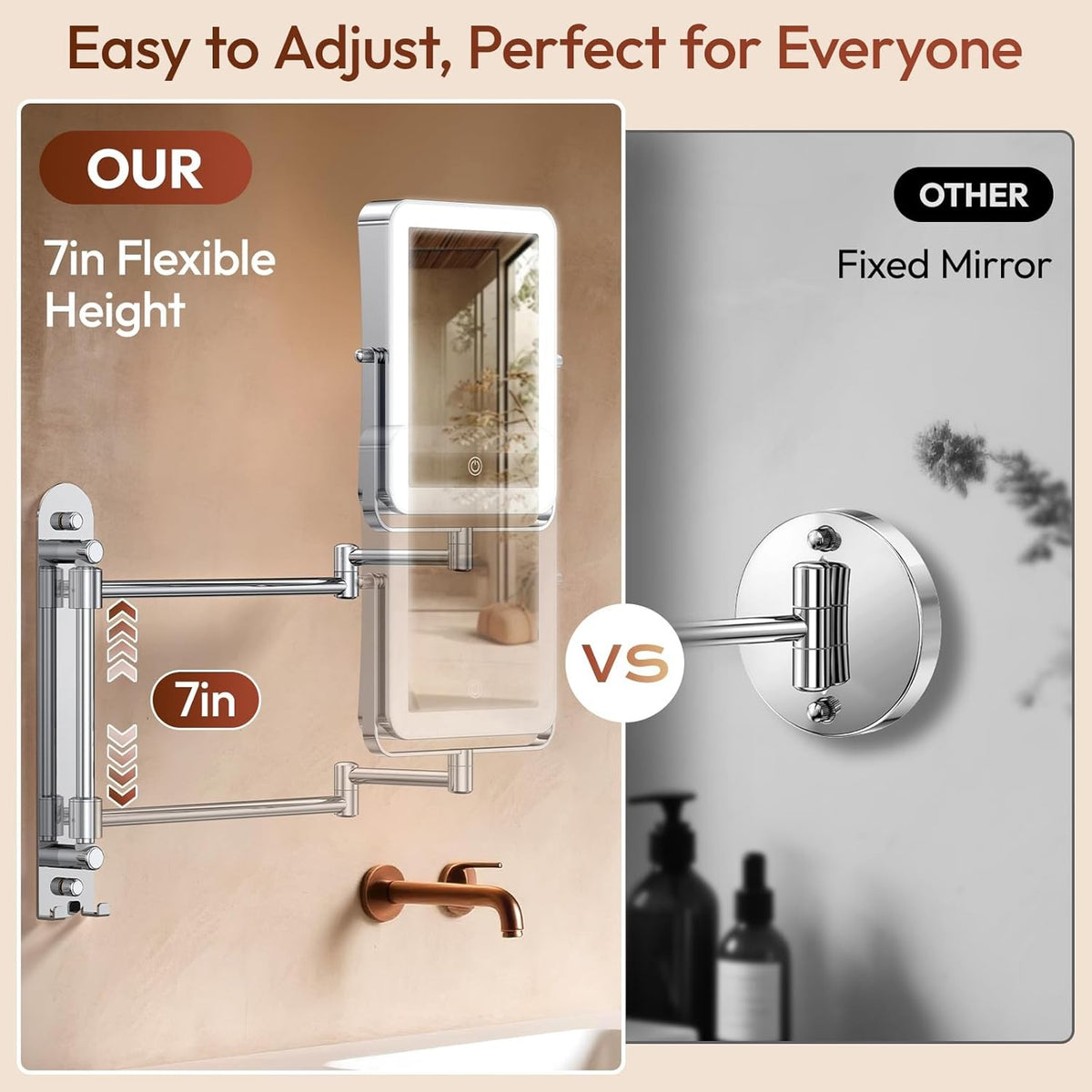 Height Adjustable Wall Mounted Lighted Makeup Mirror with 10X Magnification