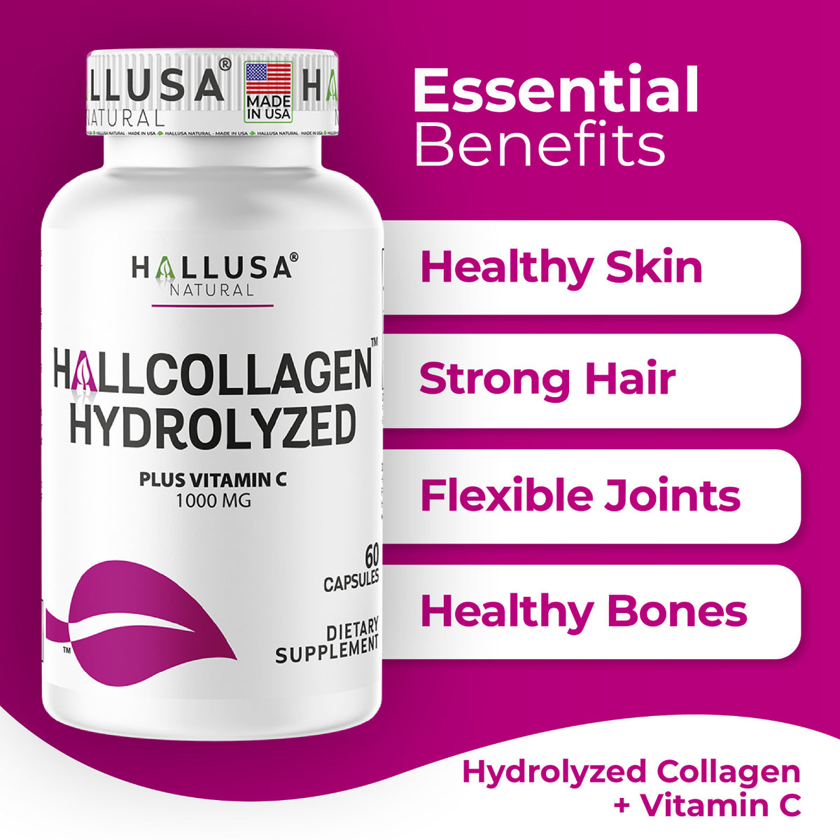 Hydrolyzed Collagen 1000mg with Vitamin C Capsules for Skin Hair Nails - Anti-Aging Support