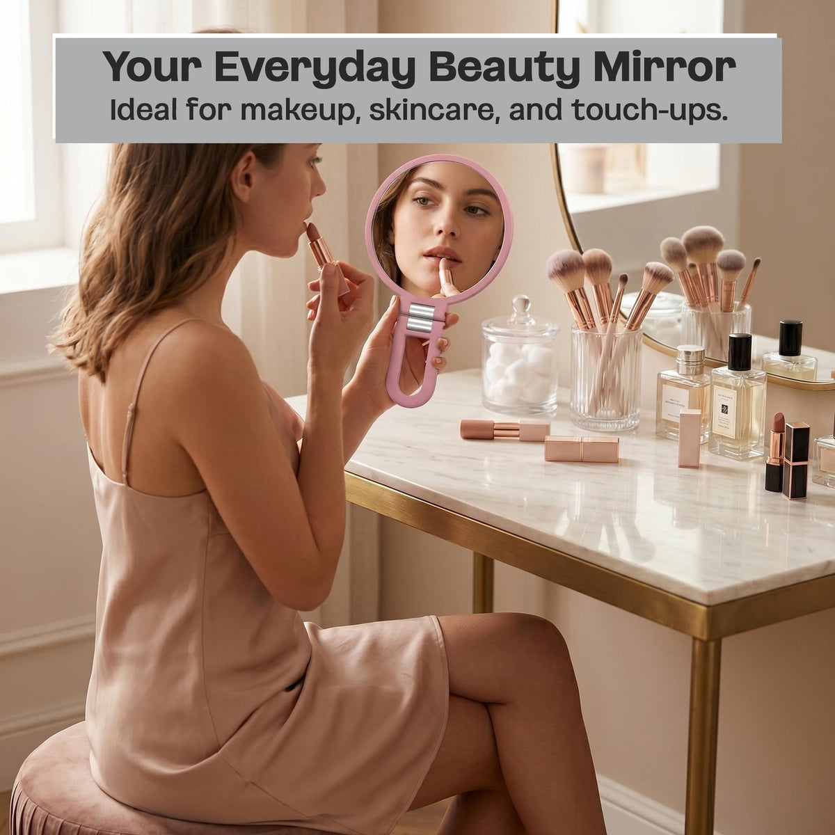 Round Handheld Mirror with 5X Magnification - Blush Pink & Silver Compact Beauty Mirror
