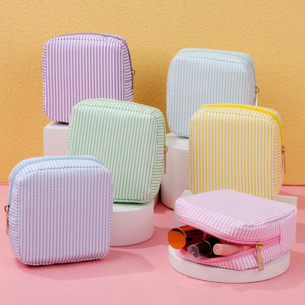 Seersucker Cosmetic Bag - Striped Makeup Travel Organizer for Women
