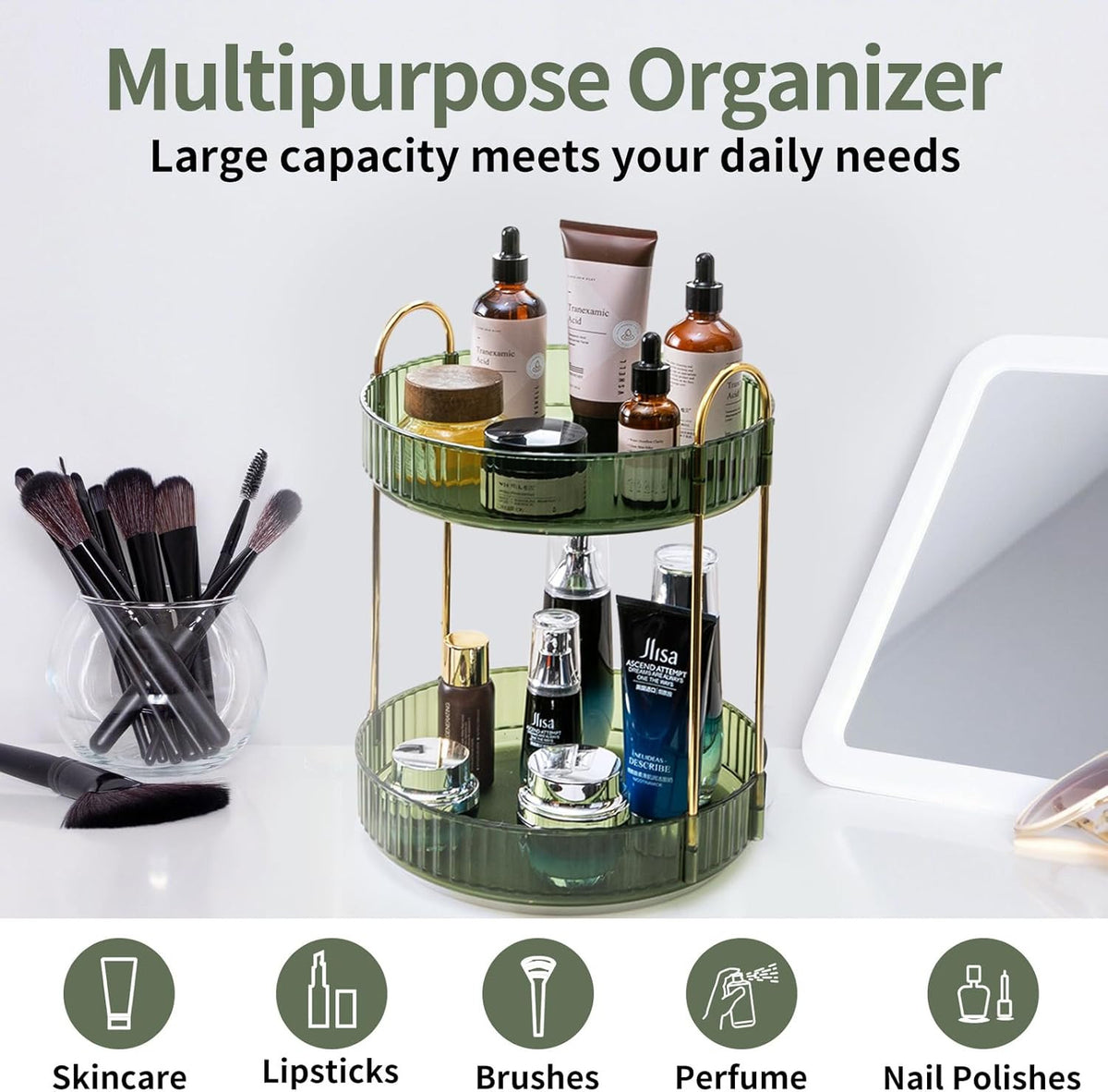 360° Rotating Makeup Organizer for Vanity with 2 Large Capacity Tiers