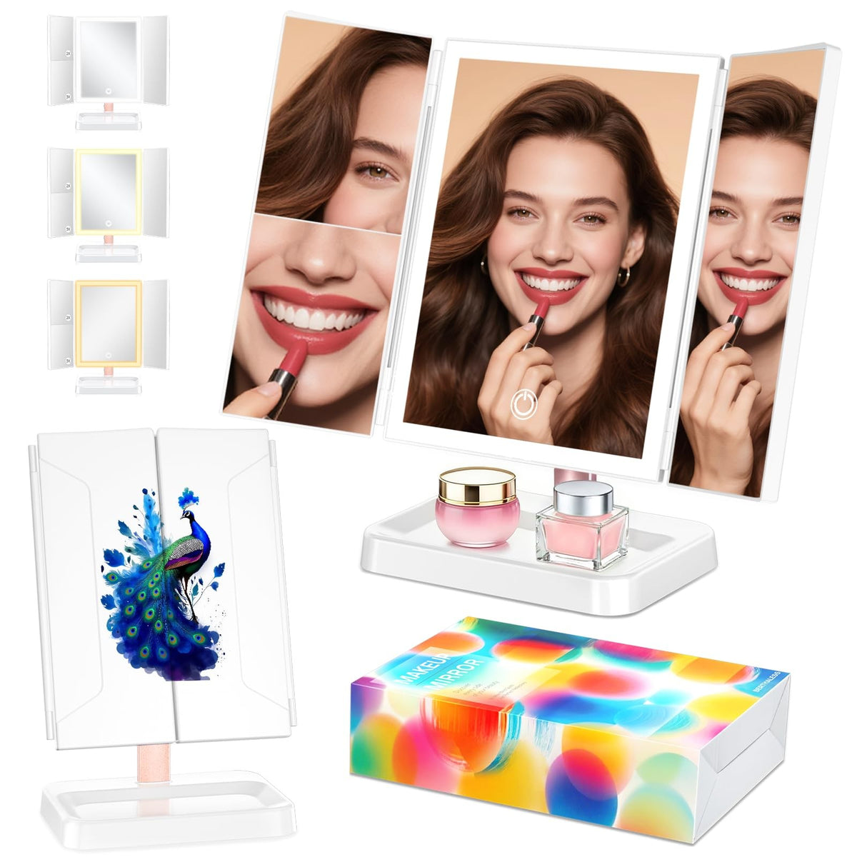 Rechargeable Lighted Vanity Mirror with 3X/2X/1X Magnification, Touch Control