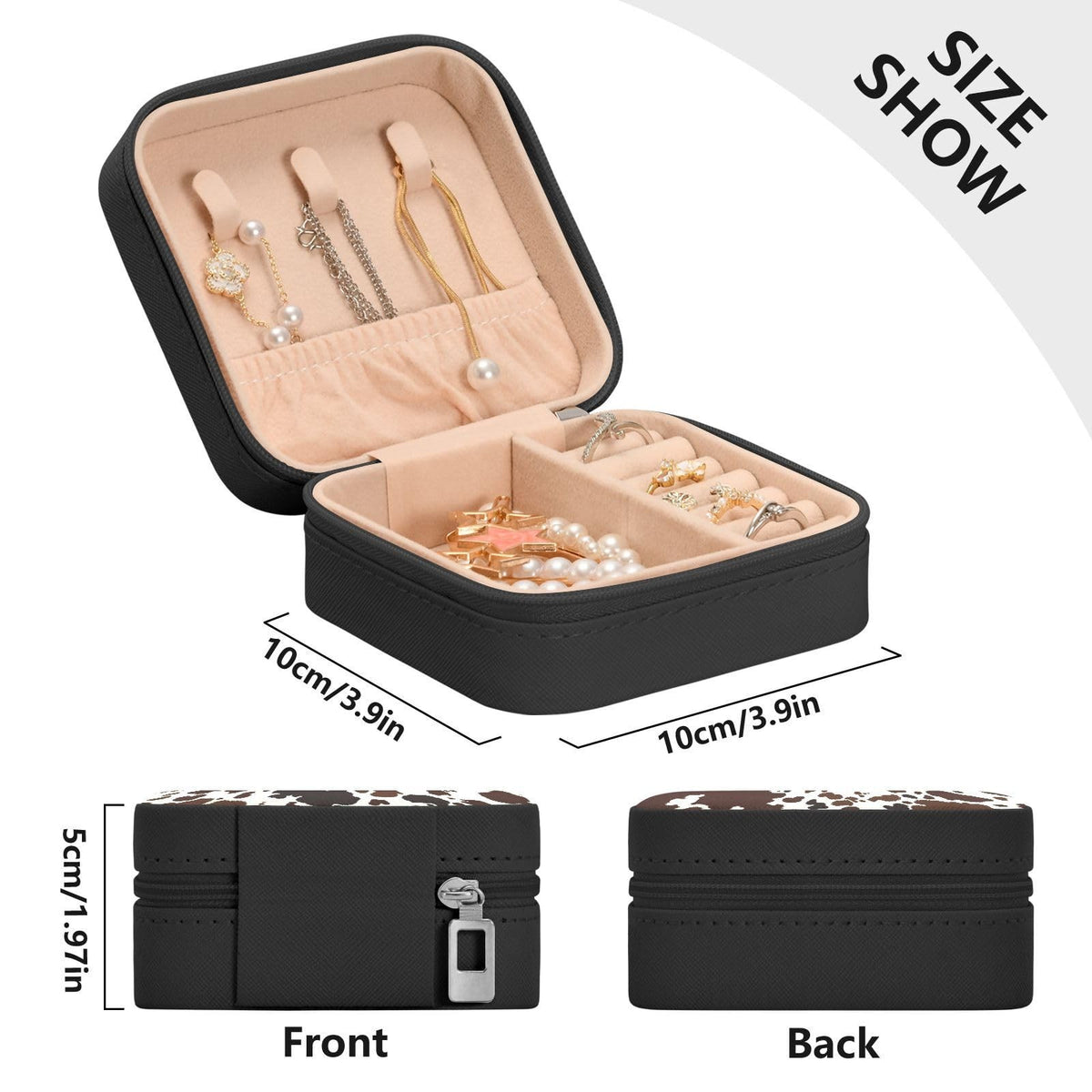 Mini Travel Jewelry Box with Cow Print, Compact Organizer for Earrings & Necklaces
