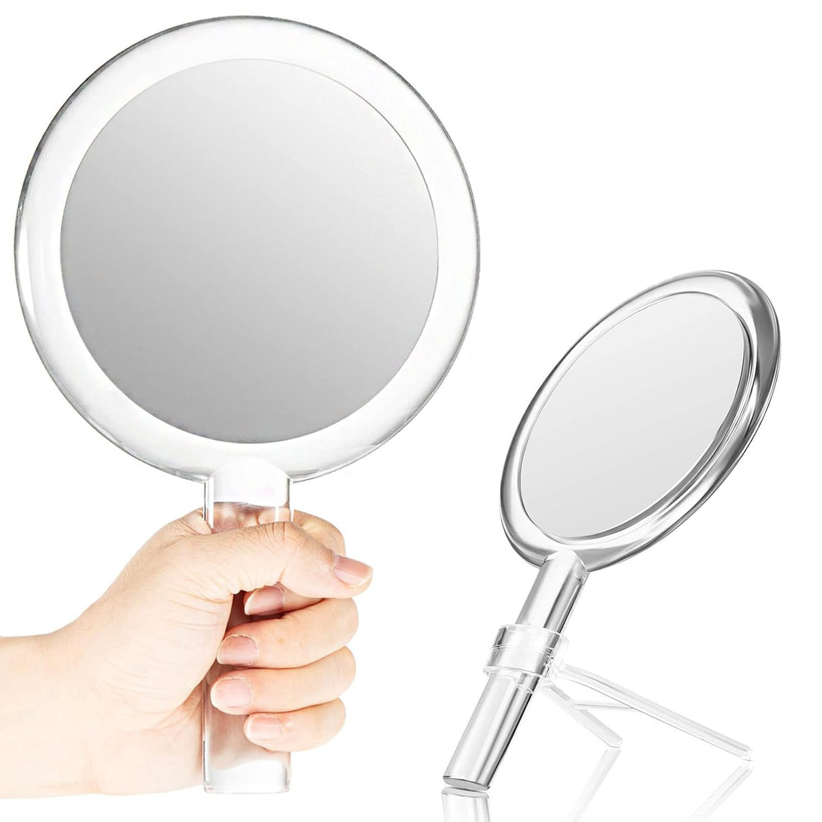Double-Sided Hand Makeup Mirror with Stand 1x/10x Magnification Portable
