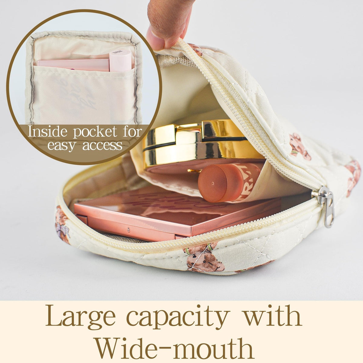 Small Floral Quilted Makeup Bag - Travel Toiletry Organizer for Women