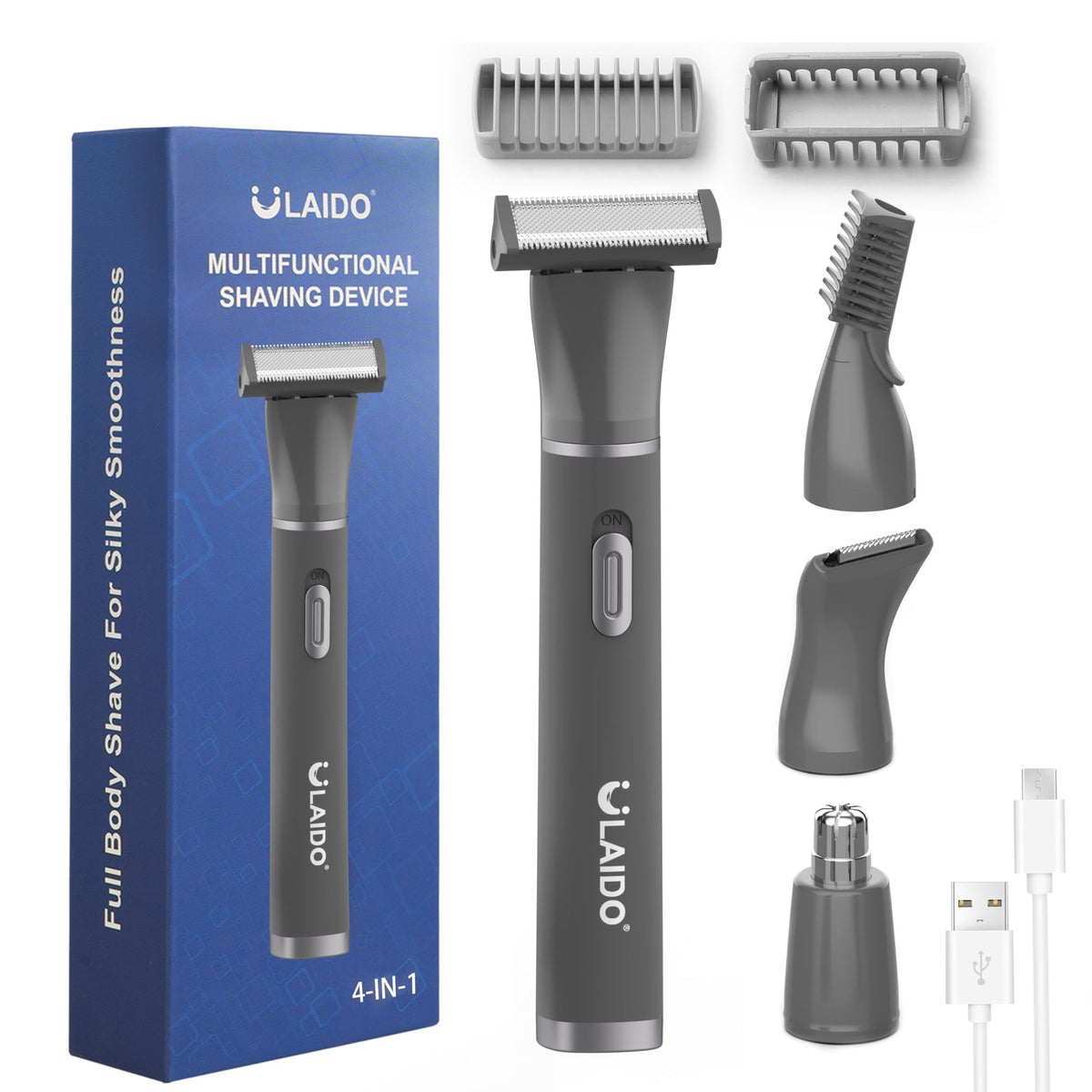 Men's 4-in-1 Body Hair Trimmer with 4 Heads, USB-C Fast Charging