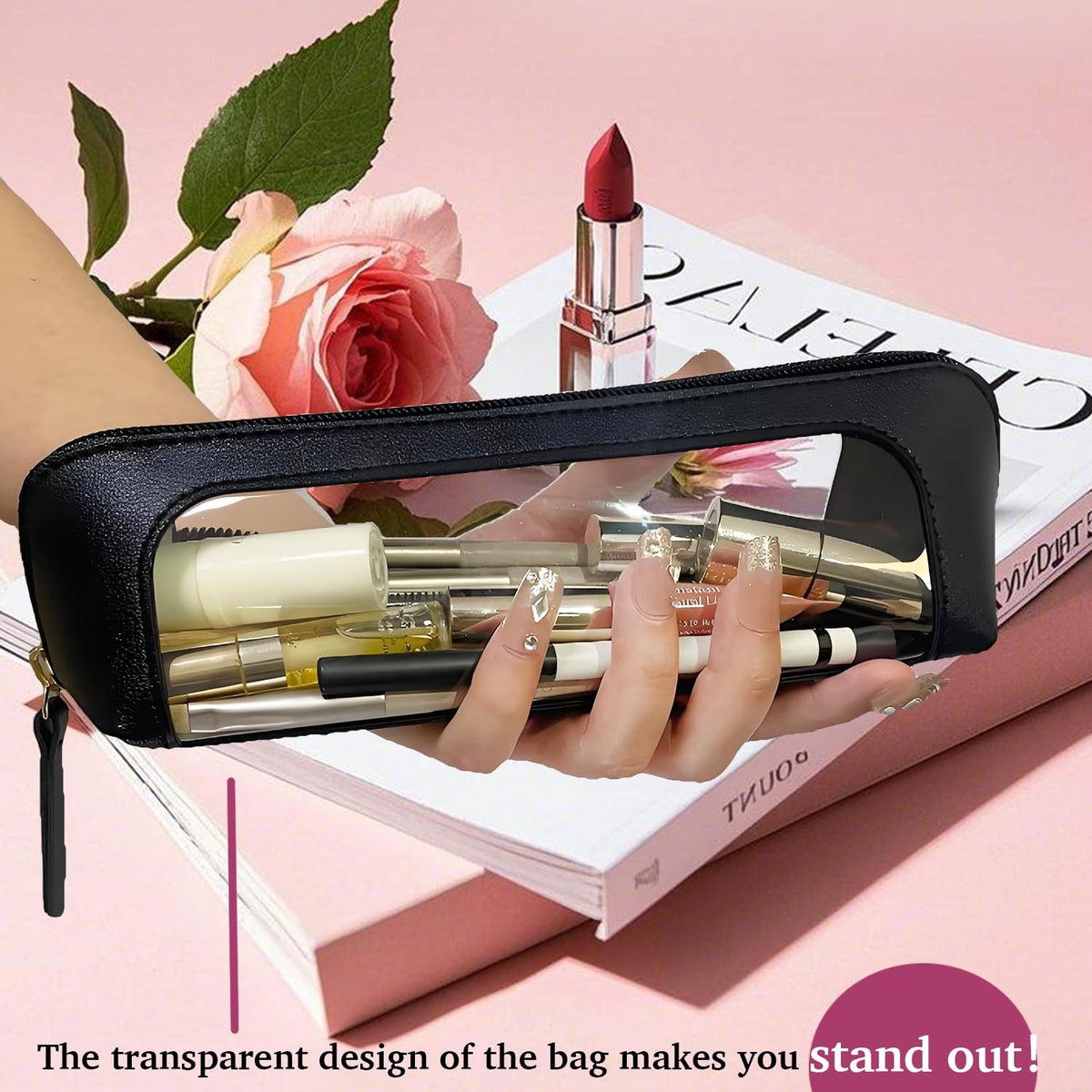 Clear Makeup Brush Bag Case Leather Travel Organizer with Zipper - Black