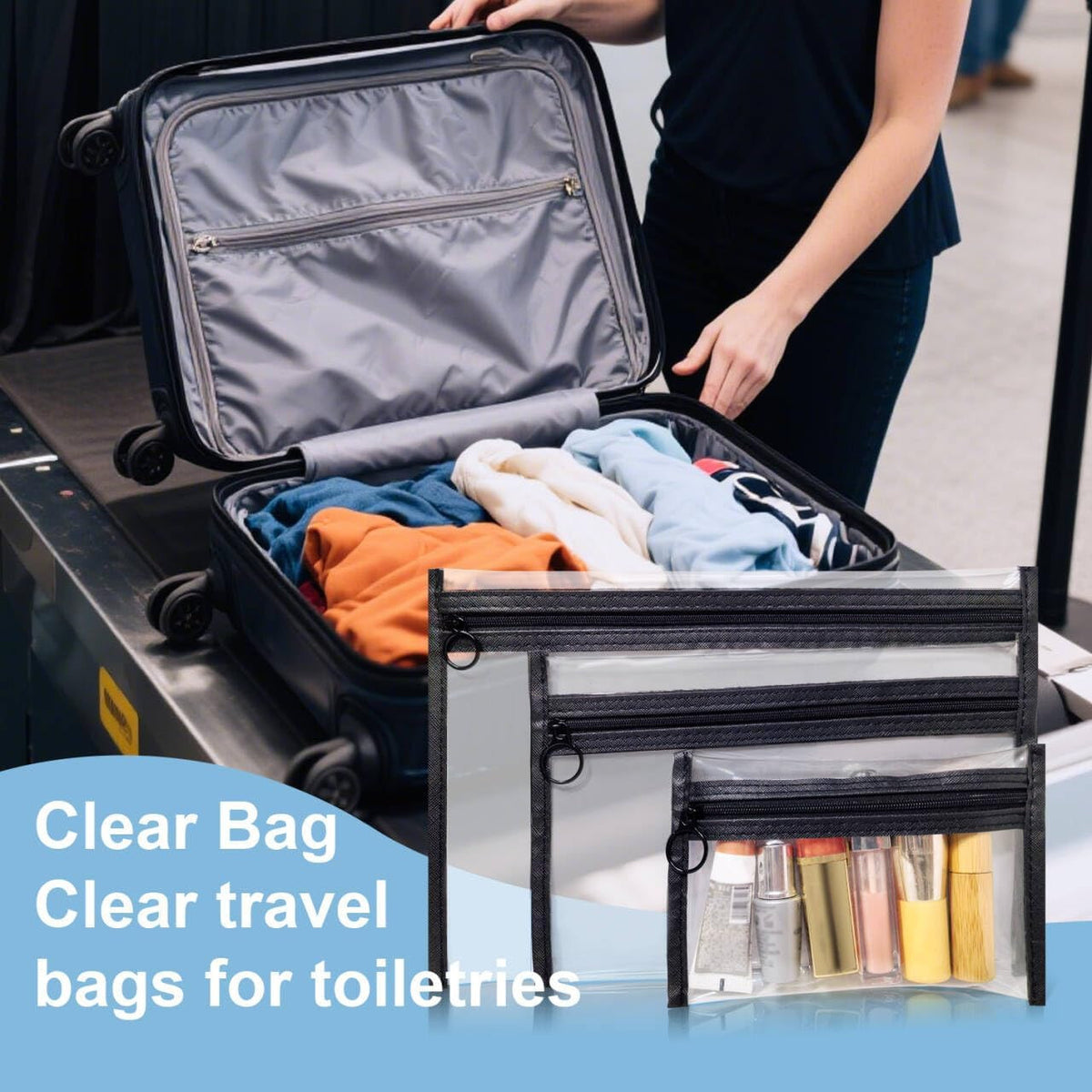 Clear Toiletry Bags Set with Loop Zipper, 3 Sizes PVC Cosmetic Pouches for Travel