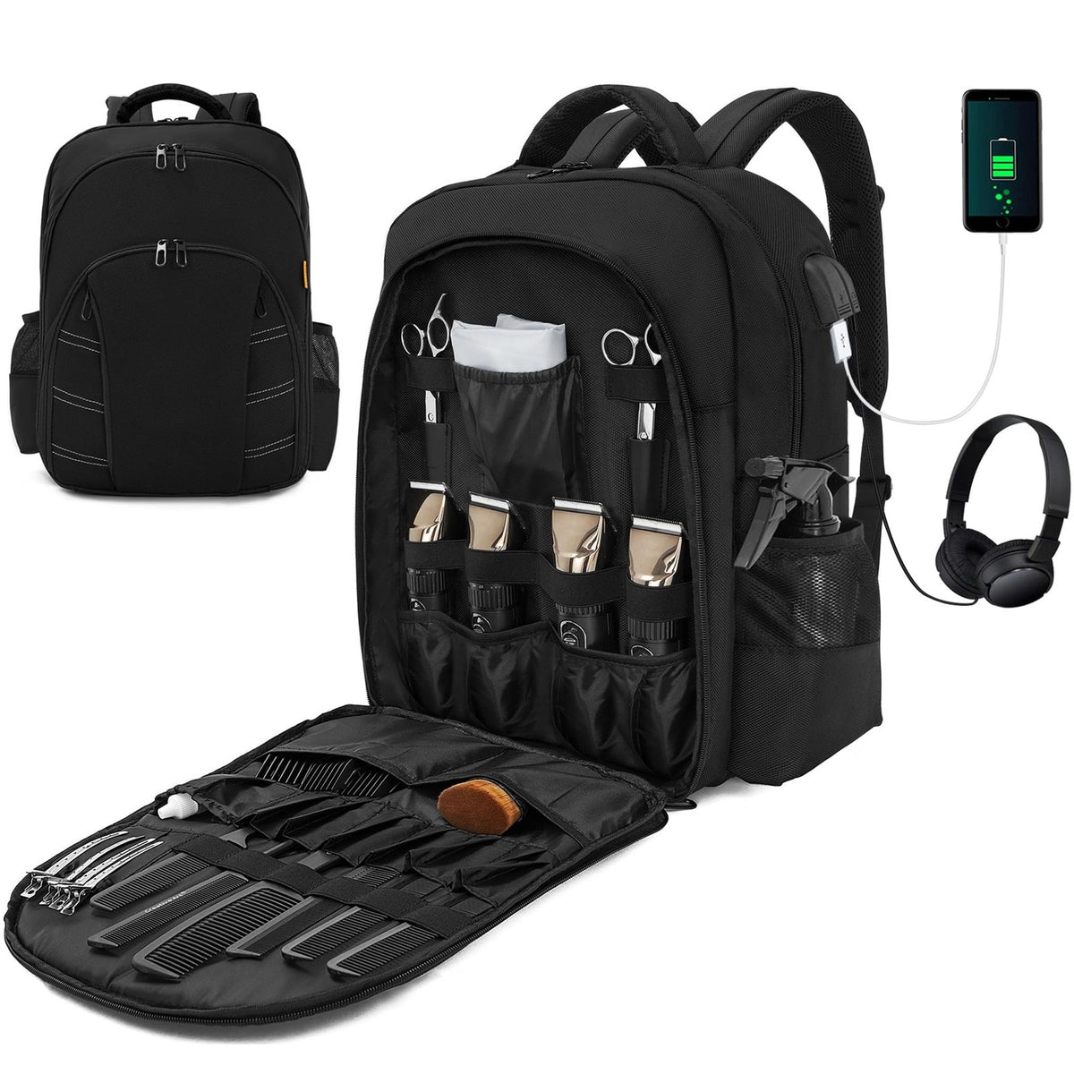 Barber Tools Backpack Bag with USB Port - Portable Clipper Organizer, Large Capacity