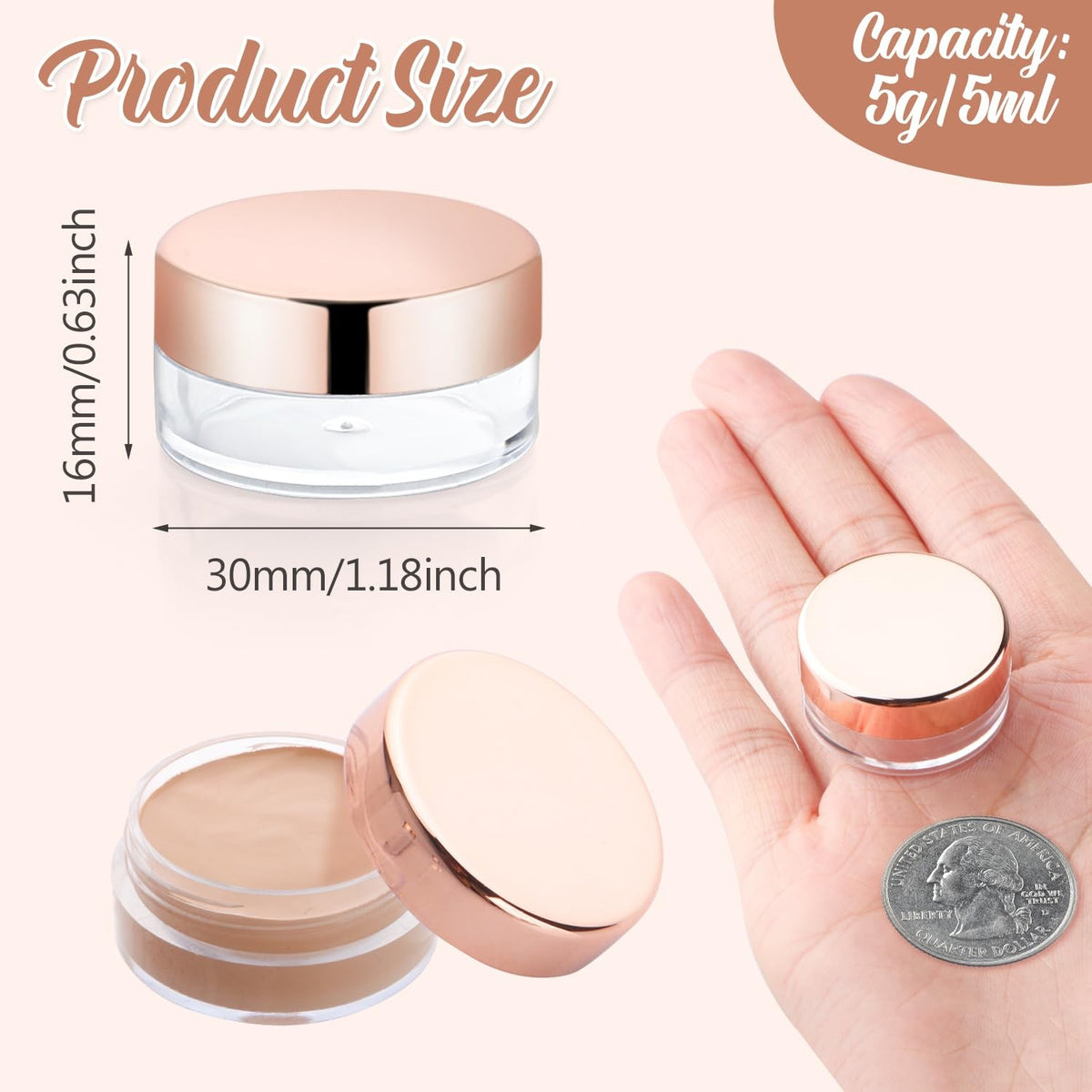 Transparent Plastic Cosmetic Jars with Rose Gold Cap - 30 Pack, 5ml Refillable Containers for Lip Balm, Cream, Makeup