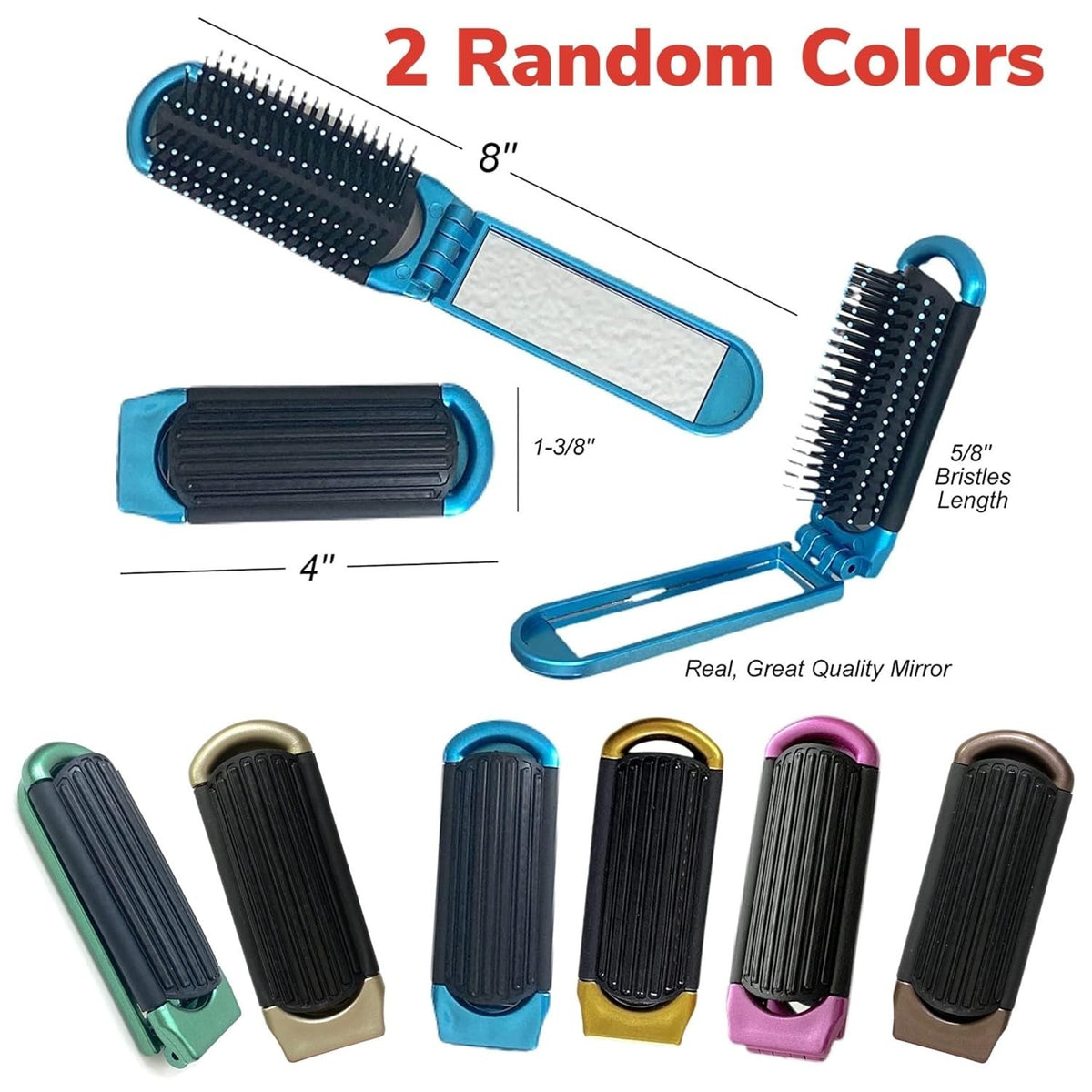 Portable Folding Hair Brush with Mirror - 2 Colors for Travel & Touch-Ups