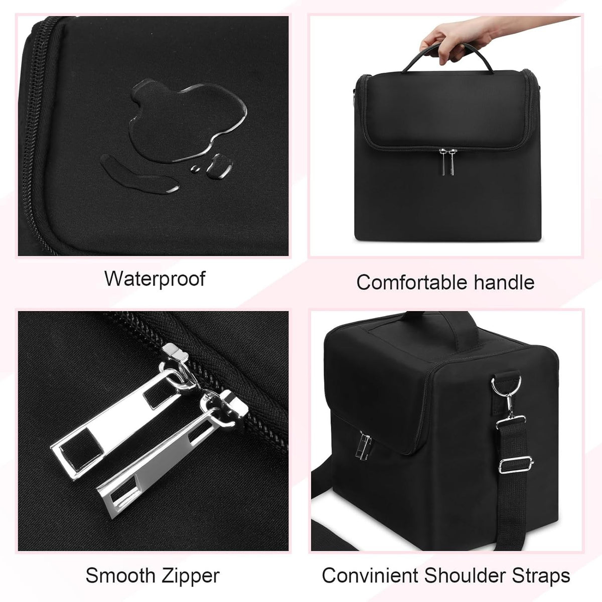 4-Tier Black Makeup Carrying Case with Detachable Shoulder Strap
