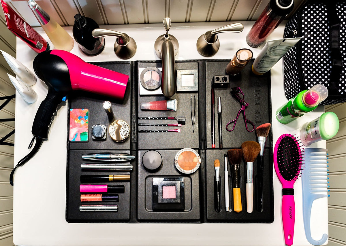 Makeup Organizer Space Saver for Bathroom Sink - Black, Foldable & Portable