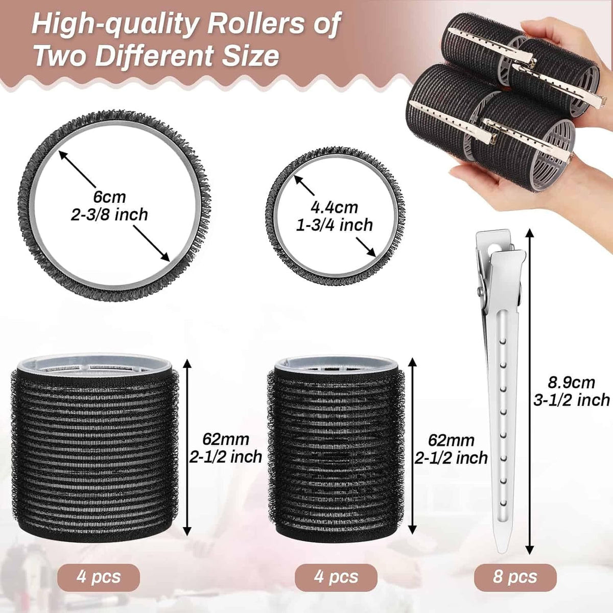 Self Grip Hair Curlers Set with 8 Large & Jumbo Sizes, 8 Clips for Long Hair