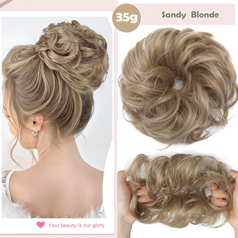 Natural Human Hair Messy Bun Ponytail Extensions with Curly Scrunchie Updo