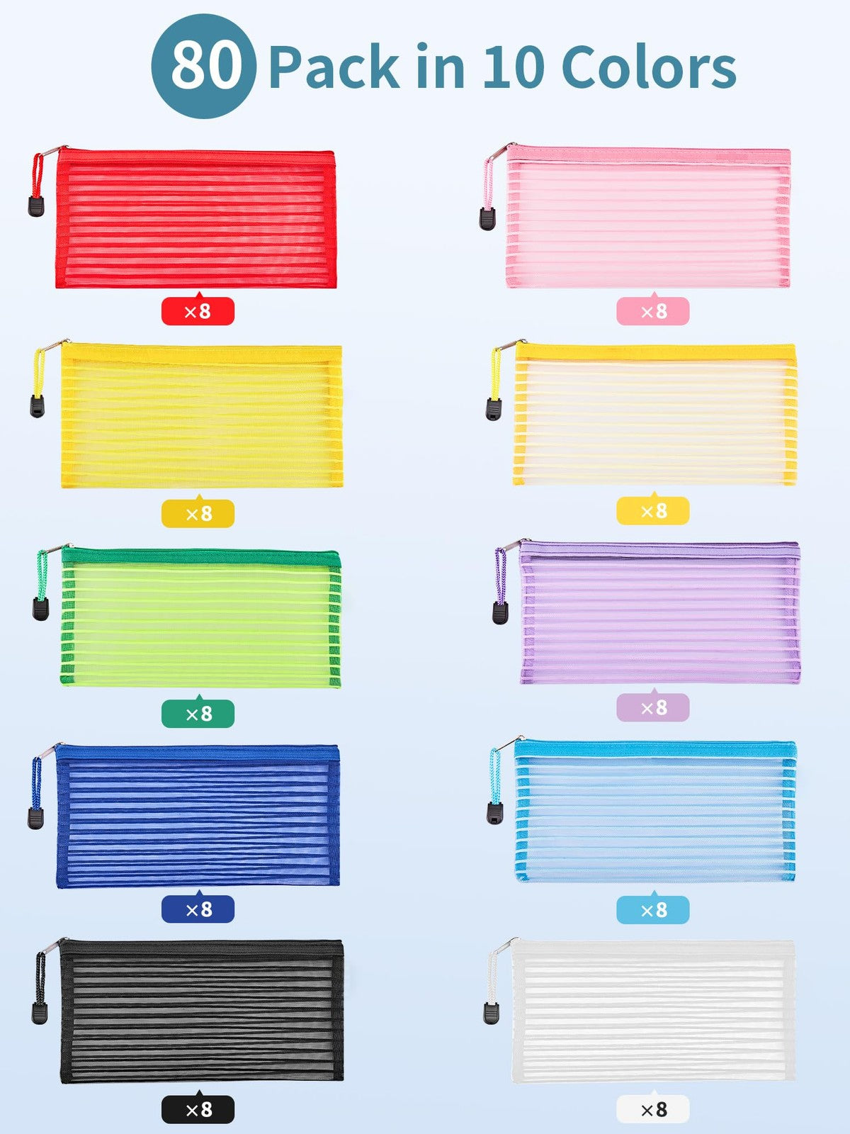 Mesh Zipper Pouches Set of 80 in 10 Colors - Durable Storage Bags for Office, Travel & Cosmetics