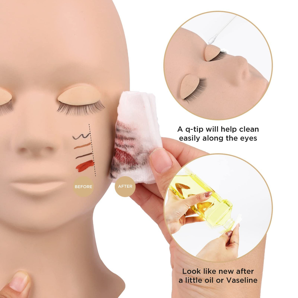 Lash Mannequin Head for Eyelash Extension Practice with 4 Replaced Eyelids