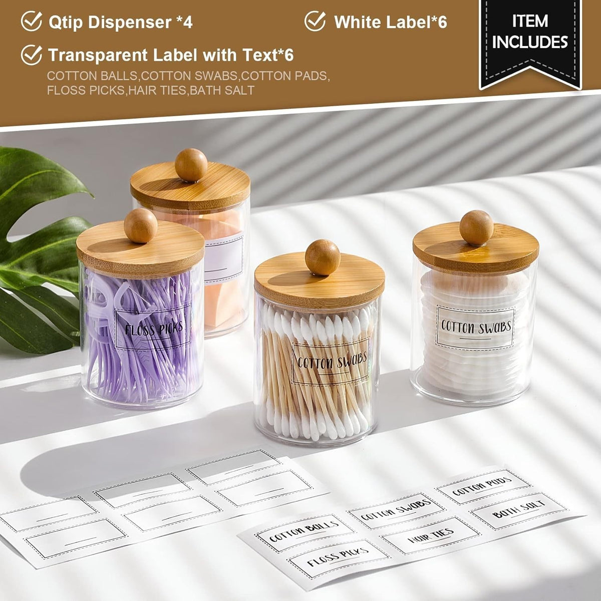 4 Pack 10oz Glass-Style Apothecary Jars with Bamboo Lids for Storage & Decor