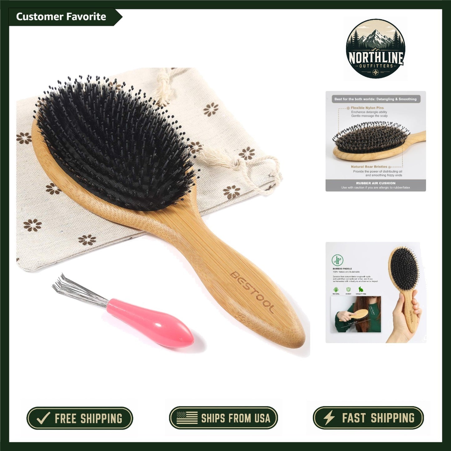 Anti-Dandruff Boar Bristle Hair Brush with Bamboo Handle - Gift Ready