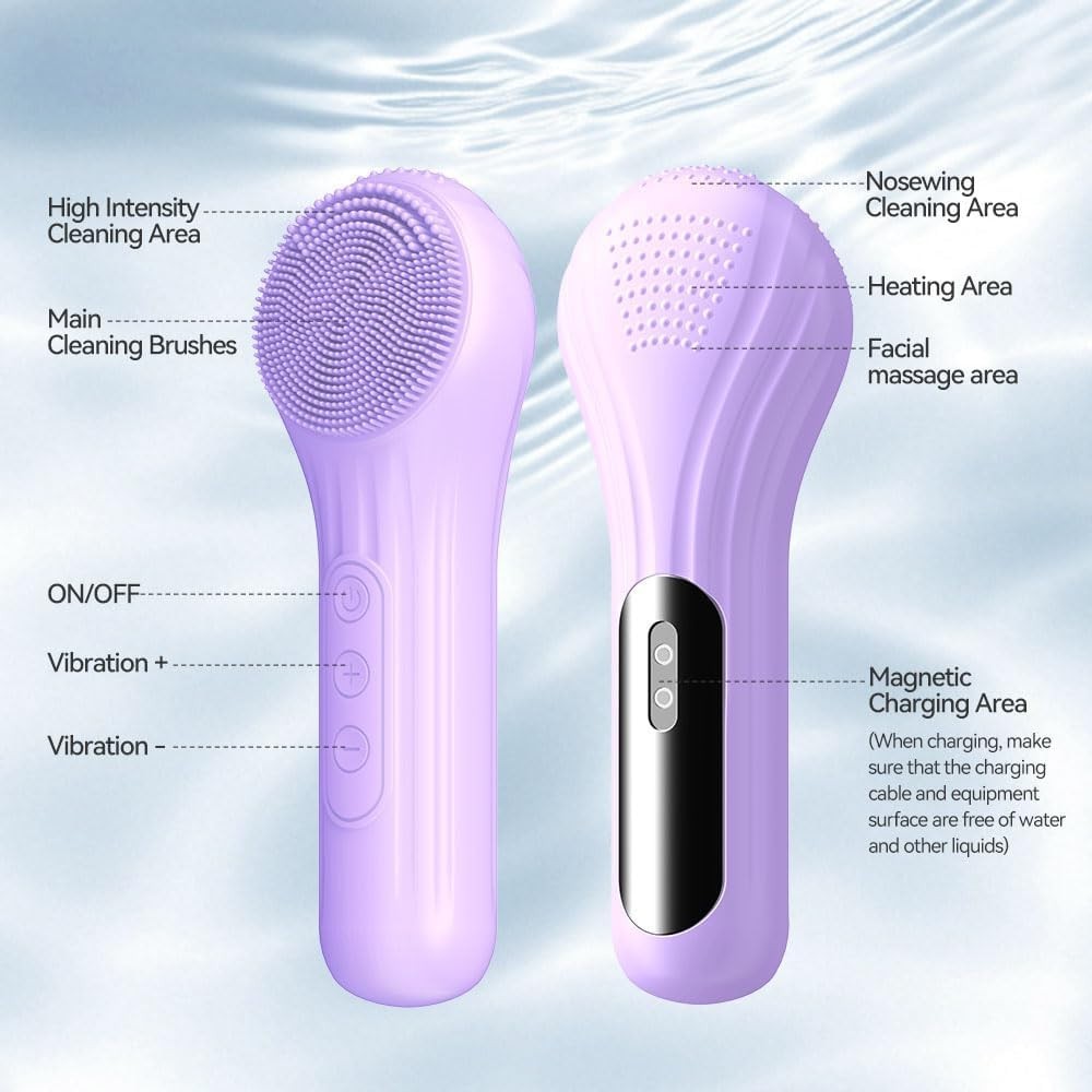 Electric Silicone Facial Cleansing Brush with Heating & Vibration – Waterproof Skin Care Tool
