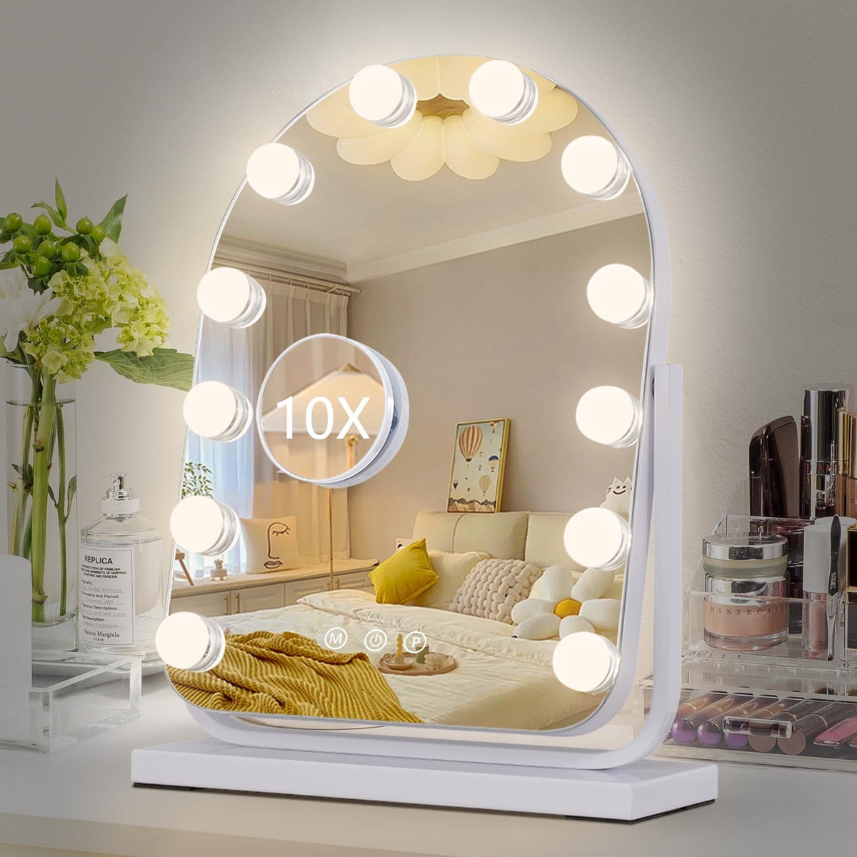 Lighted Makeup Mirror with 3 Light Modes and 10X Magnification - White