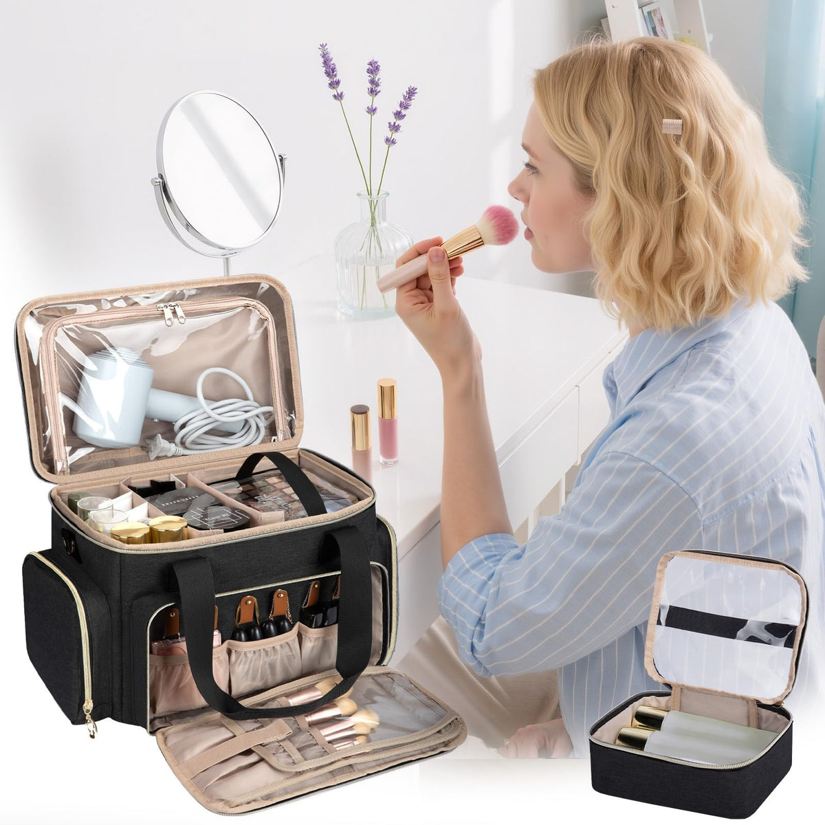 Large Travel Makeup Bag Organizer with Brush Compartments - Black