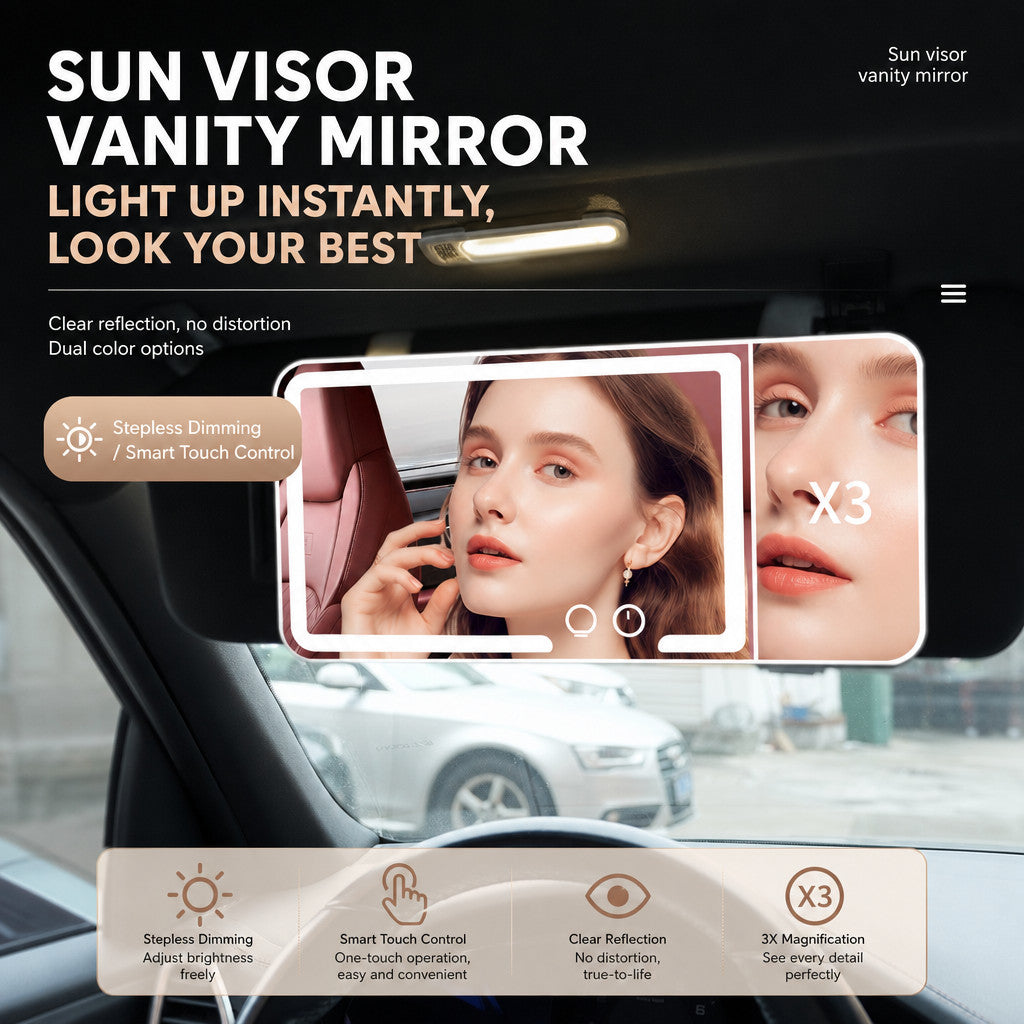 Car Sun Visor Vanity Mirror with Lights - 3 Light Modes & Rechargeable LEDs