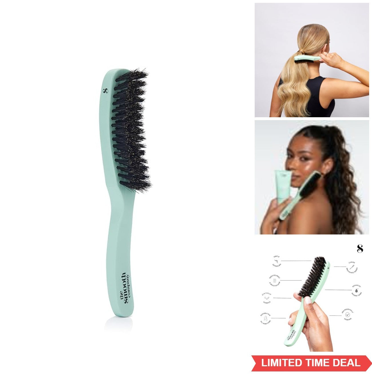 Curved Boar Bristle Hair Brush for Frizz Control & Shine - Wooden Handle