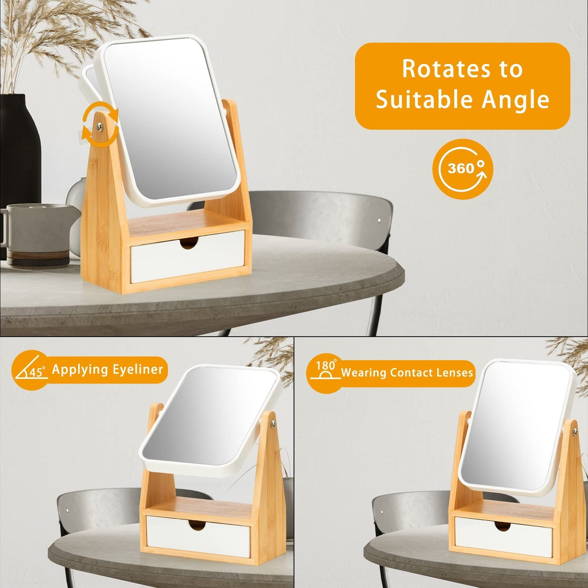 Double Sided Makeup Mirror with Storage, 3X Magnification, Adjustable Bamboo Stand
