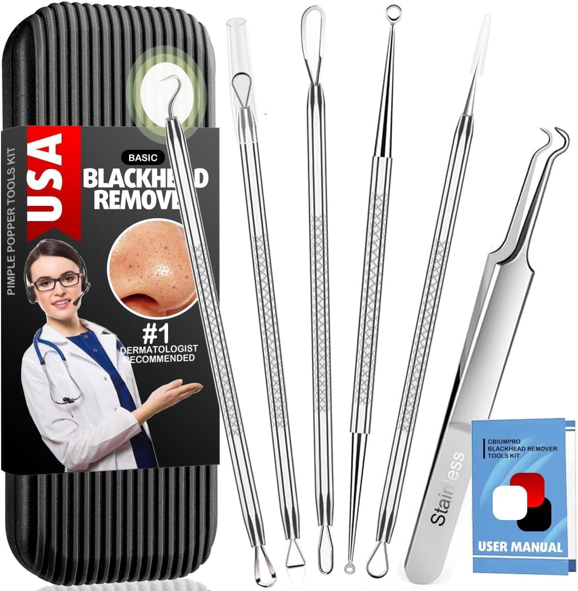 6-Piece Stainless Steel Blackhead Remover Kit - Ergonomic & Durable