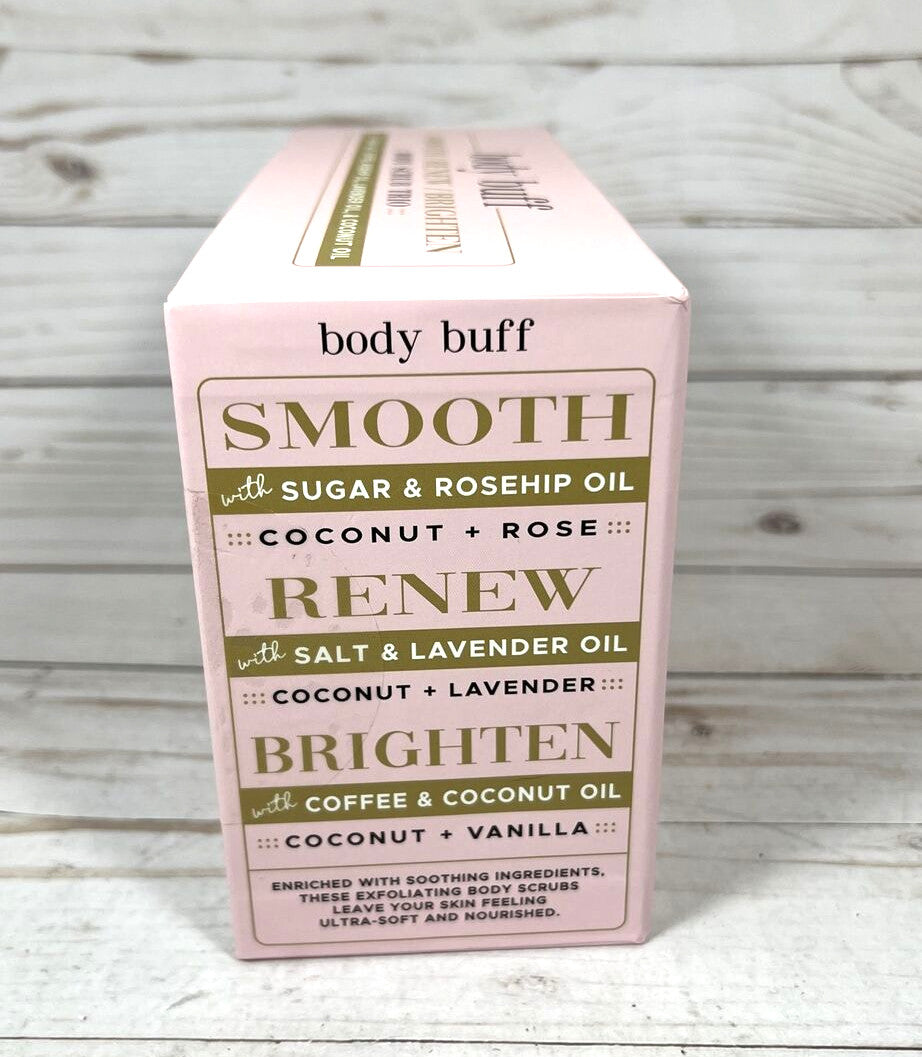 Body Buff Scrub Trio Coffee Salt Sugar Smooth Renew Brighten Coconut