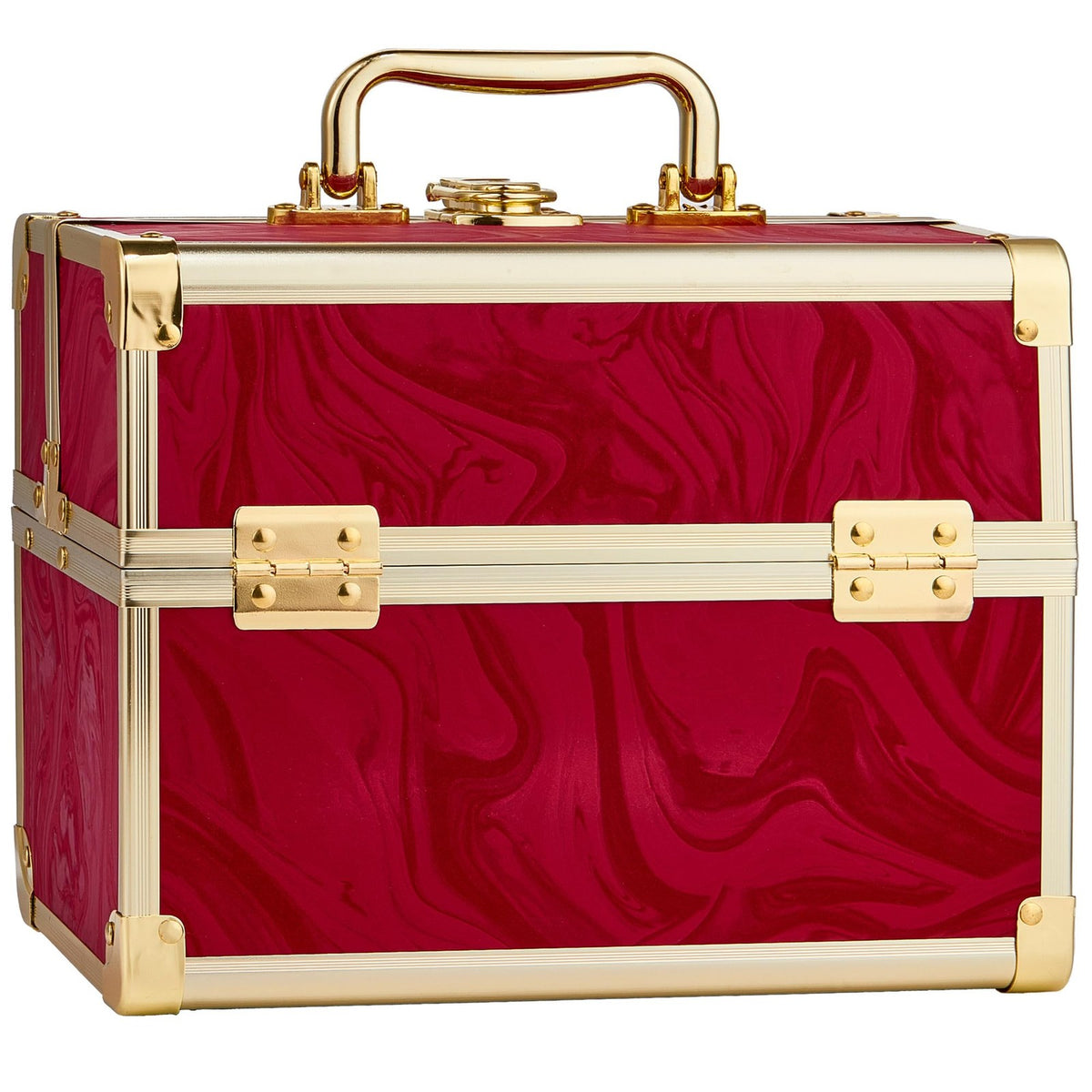 Portable Makeup Train Case with Mirror and 2 Trays - Red Travel Cosmetic Organizer