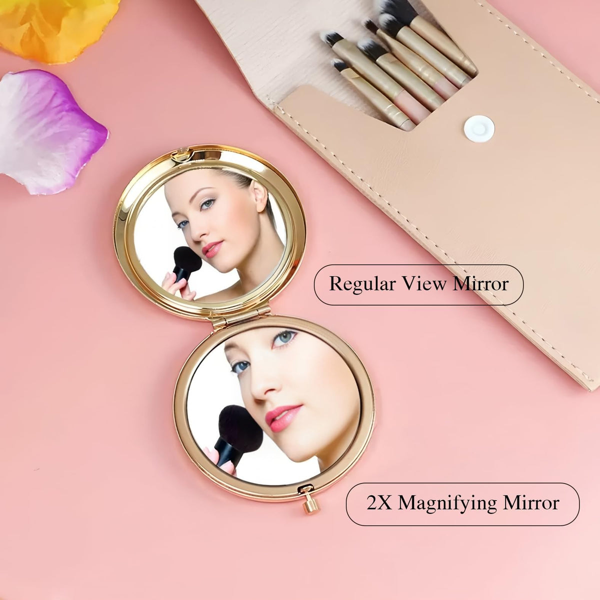 Double-Sided Compact Makeup Mirror - 2.7 x 3 Inches, Gold Travel Mirror