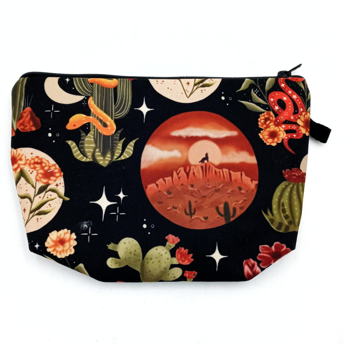 Southwest Coyote Snake Cactus Makeup Pouch Zippered Bag - 9x6 Inches
