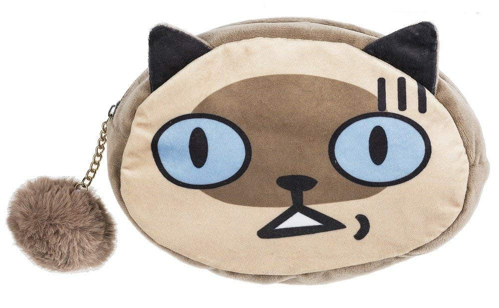 Pet Lover Cat Cosmetic Bag with Pom Pom Zipper - Brown Cat Design