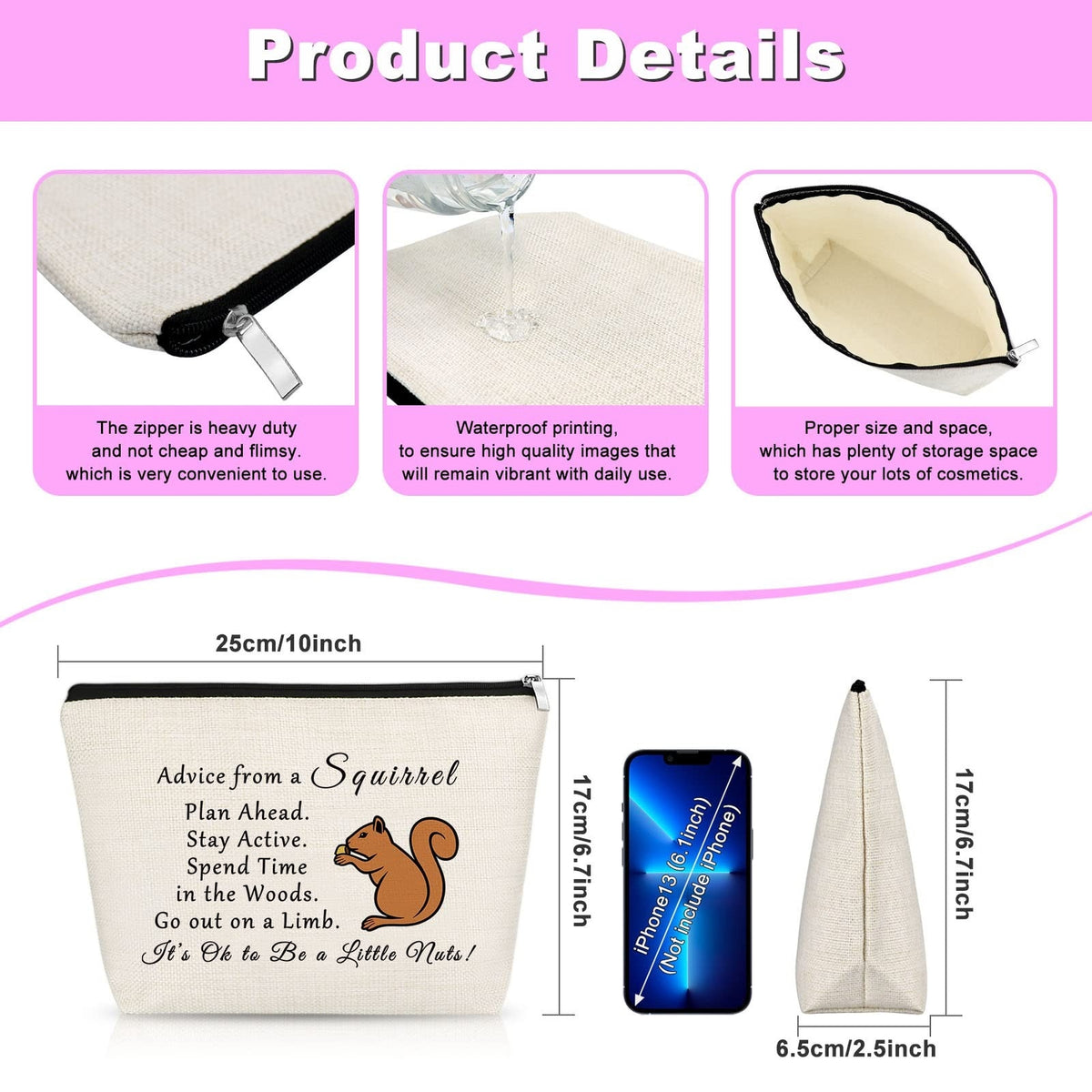Squirrel Lover Makeup Bag for Women - Animal Themed Travel Cosmetic Pouch